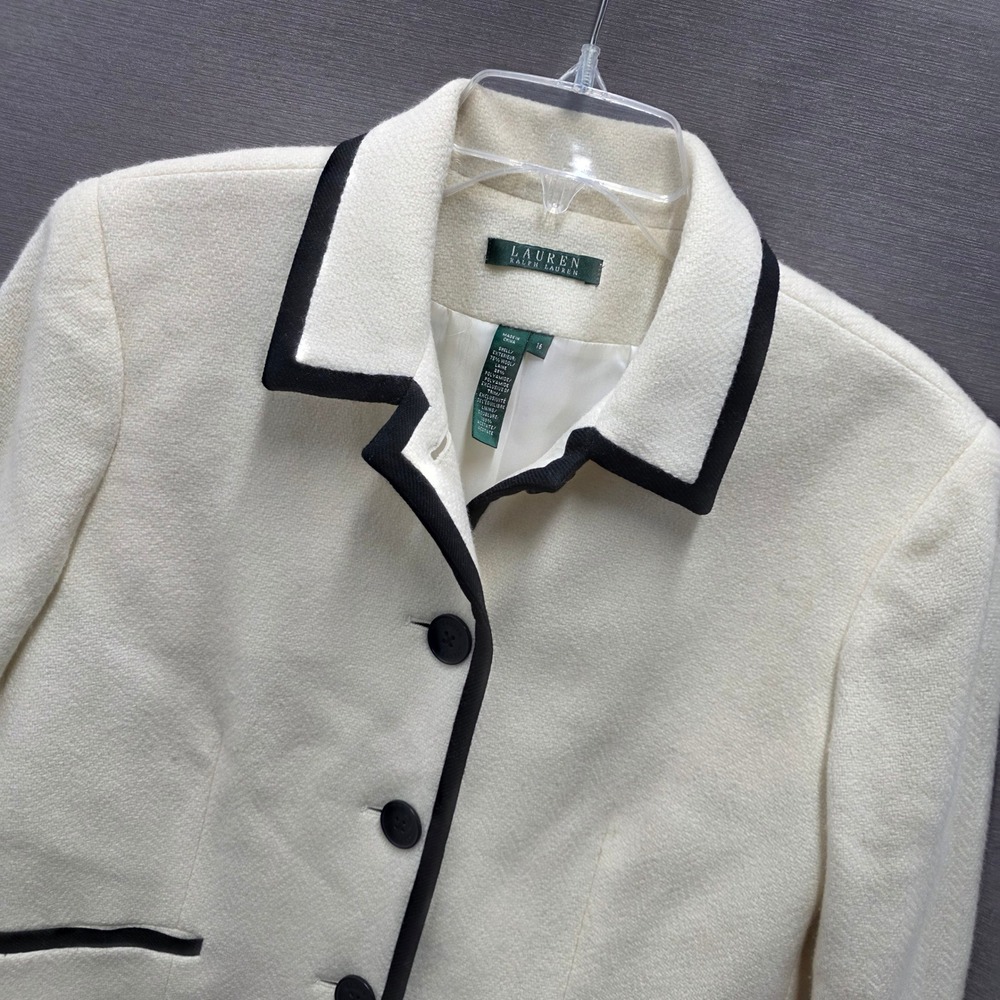 Lauren Ralph Lauren Cream Wool Blend Contrast Trim Blazer Jacket Size 16